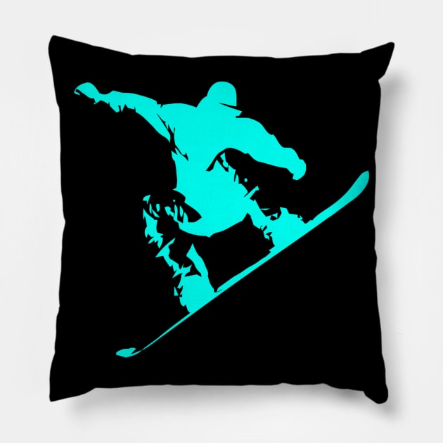 Snowboarding Neon Aqua on Black Abstract Snow Boarder Pillow by podartist