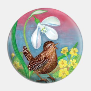 Wren Bird (Troglodytes troglodytes) and a Snowdrop Illustration Pin