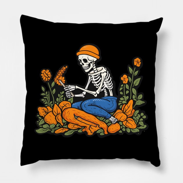 Bones and Botany, Skeleton Picking Flowers and Reading Pillow by ForAnyoneWhoCares