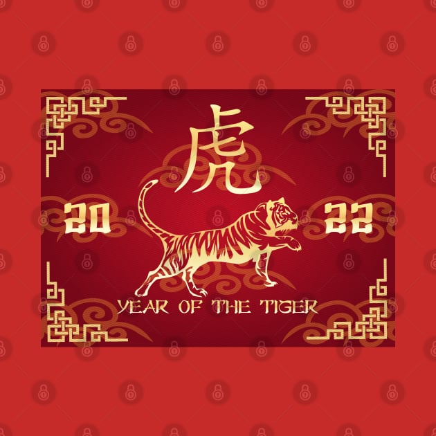 Chinese Year of the Tiger Poster gold on red by devaleta