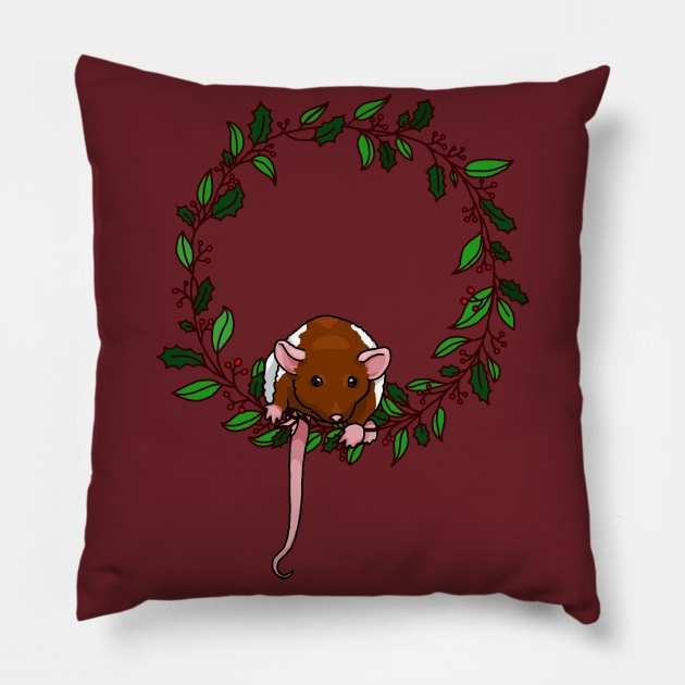 rat sitting on a holiday themed wreath Pillow by HighFives555