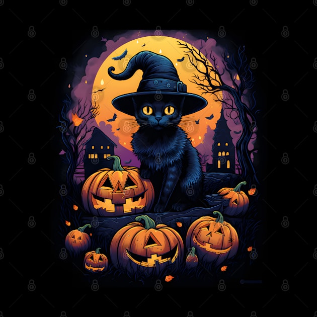 Cute Halloween Black Cat Witch Hat Pumpkin by VisionDesigner