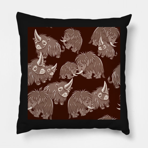 Woolly Mammoth and Woolly Rhino on Cranberry background Pillow by RJKpoyp