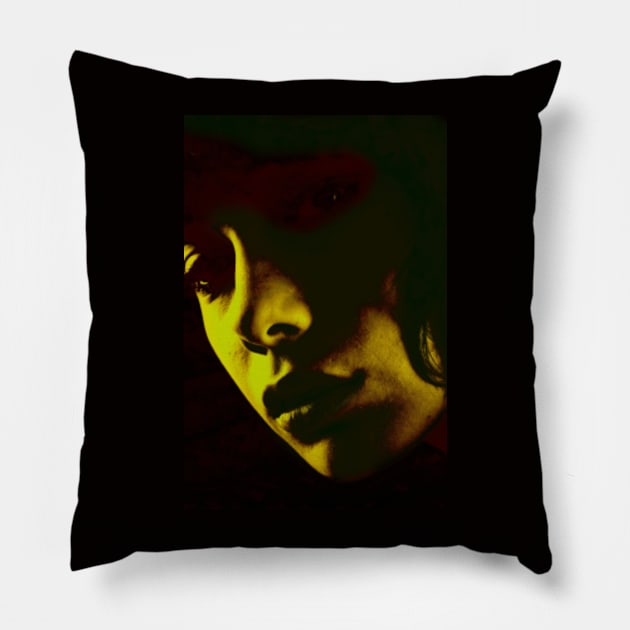 Beautiful girl face in dark lighting. Yellow green light, red tones. Dark and beautiful. Pillow by 234TeeUser234