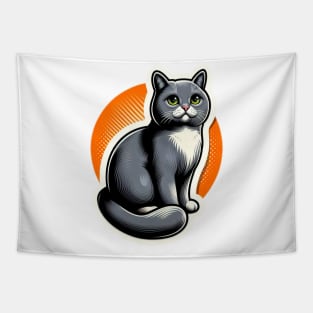 gray cat with orange background Tapestry