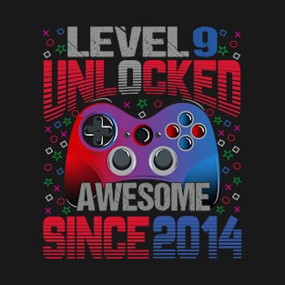 Level 9 Unlocked Awesome Since 2014 9th Birthday Gaming T-Shirt