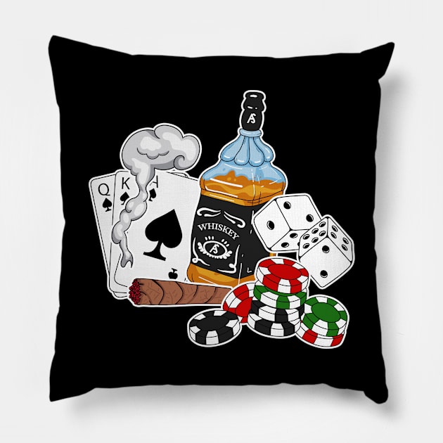 Casino Poker gambling, whiskey drinking and cigar smoking Pillow by Tobias Store