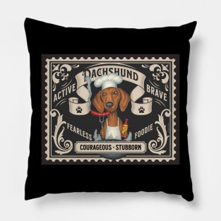 Funny Doxie dog grilling a hot dog on vintage stamp design Pillow