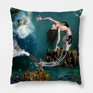 Wonderful steampunk mermaid in the deep ocean Pillow