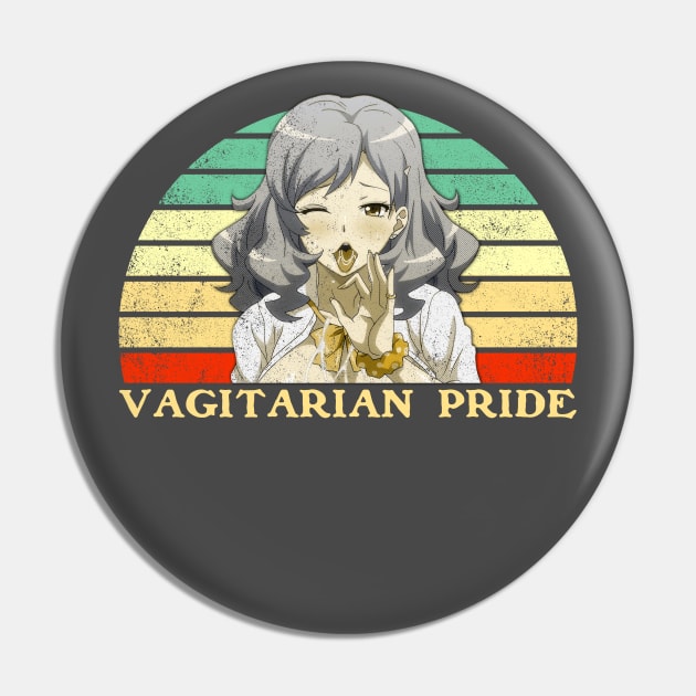 Vagitarian Pride - Lesbian Anime Pun - Retro Sunset v4 Pin by clvndesign