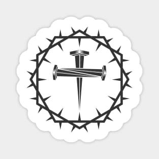 The cross of Jesus and the nails of the crucifix are framed with a crown of thorns. Magnet