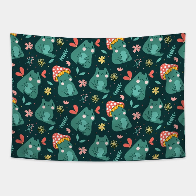 Kawaii Cottagecore Mushroom Frog Pattern Tapestry by Sugoi Otaku Gifts