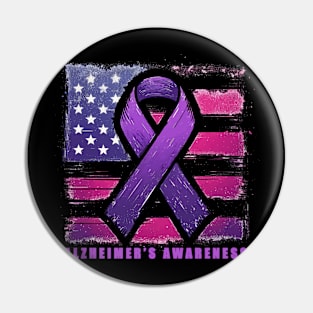 Alzheimer Awareness Purple Ribbon American Flag Pin