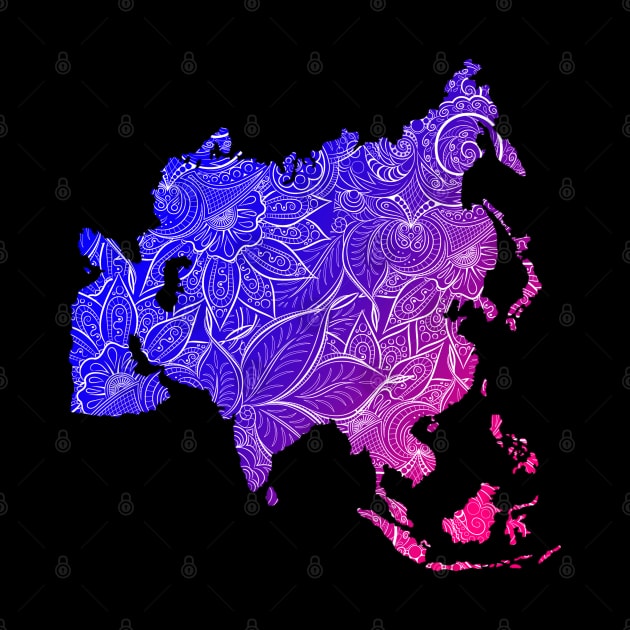 Colorful mandala art map of Asia with text in blue and violet by Happy Citizen