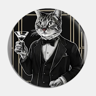 A Confident Cat In A Tuxedo Holding A Martini Glass Pin