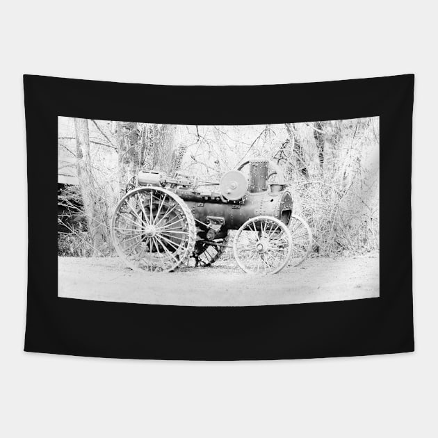 vintage Vernonia Christmas old fashioned steam tractor black and white Tapestry by DlmtleArt