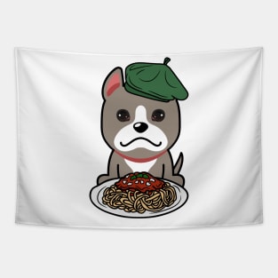 Cute grey dog eating spaghetti Tapestry