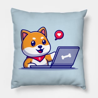 Cute Shiba Inu Dog Working On Laptop Cartoon Pillow
