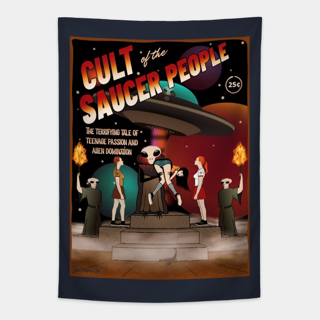 Cult of the Saucer People Science Fiction Tapestry by SunGraphicsLab