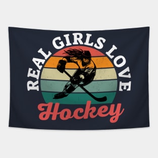 Retro Sunset Real Girls Love Hockey Tapestry