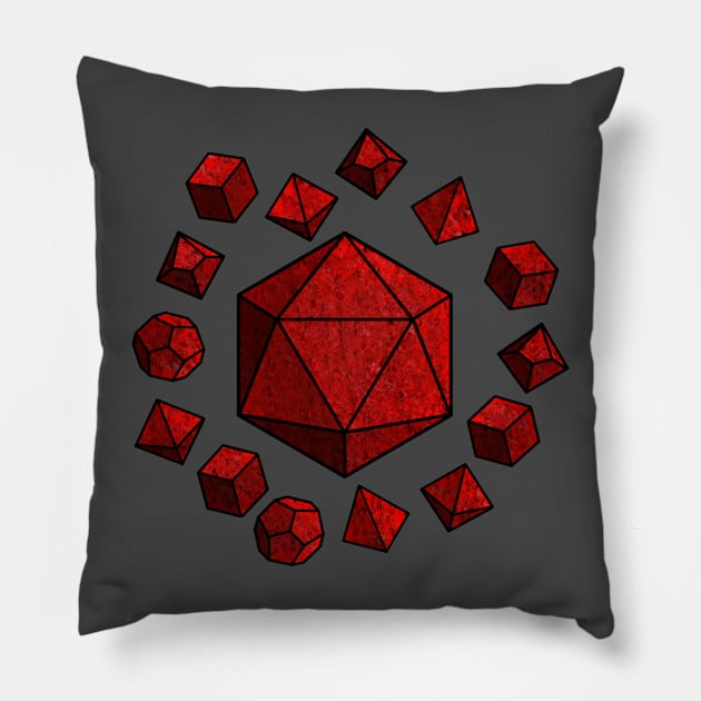 Red Polyhedral Dice Set Pillow by Vivid Chaos