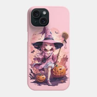 Ghostly Manga Girl with a Witch's Hat, Broomstick, and a Pumpkin Head Phone Case