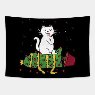 white cat knocked the christmas tree Tapestry