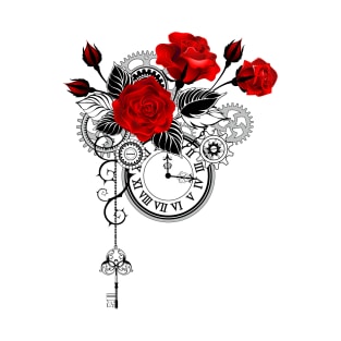 Design with Red Roses and Clock T-Shirt