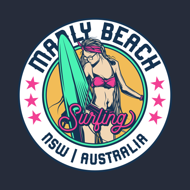 Retro Surfer Babe Badge Manly Beach NSW New South Wales Australia by Now Boarding