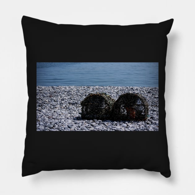 Lobster Pots on a Beach Pillow by jalfc46