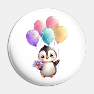 baby penguin holds balloon Pin