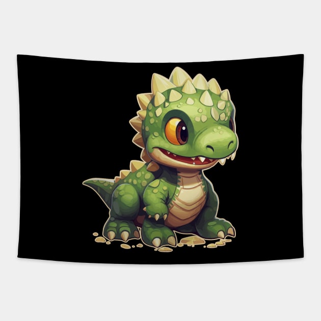 Cute Green Adorable Chibi T-Rex Isometric Dinosaur Tapestry by DanielLiamGill