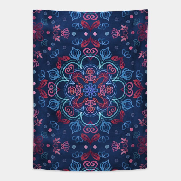 Cherry Red & Navy Blue Watercolor Floral Pattern Tapestry by micklyn