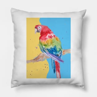 Parrot Watercolor Painting Macaw - on blue and yellow Pillow