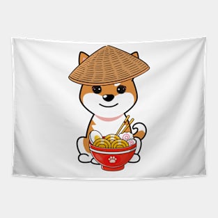 Funny Orange dog is eating noodles Tapestry