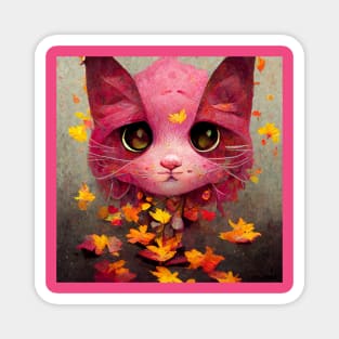 Beautiful pink cute Kitty play happy  On The Autumn leaves cat lovers gift Magnet