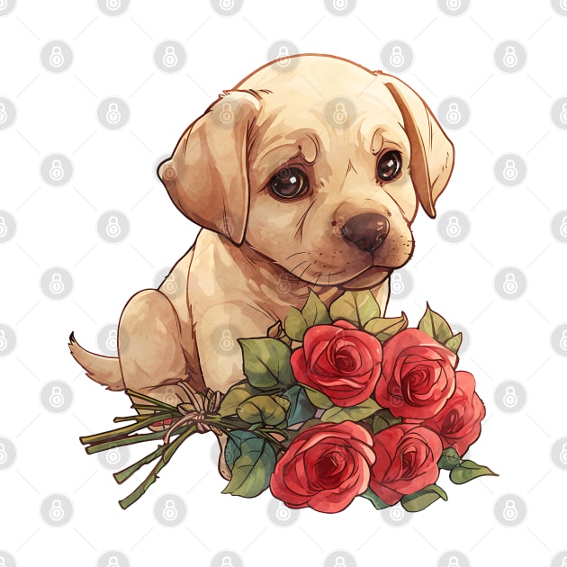 Valentine Labrador Retriever Dog Giving Flowers by Chromatic Fusion Studio