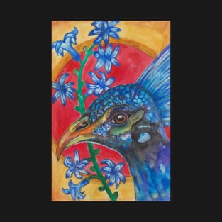 Blue peacock bird and flowers T-Shirt