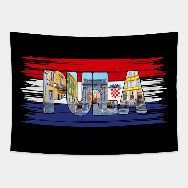 PULA - Croatia Arch of the Sergii with Flag Tapestry by TouristMerch