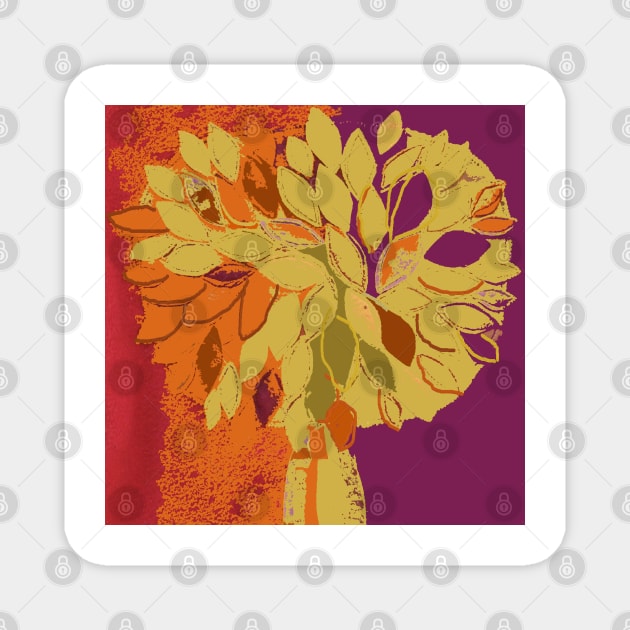 Tree, fall leaves orange plum gold red, fiber art textile photography mixed media digital Magnet by djrunnels