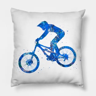 Downhill mountain bike jump blue watercolor Pillow