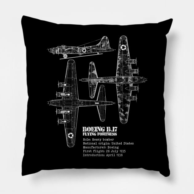 B-17 Flying Fortress | World War 2 Plane Blueprint Pillow by Distant War