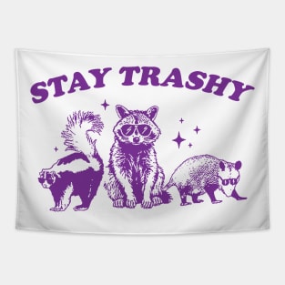 Stay Trashy Funny Meme Graphic T-Shirt, Retro Unisex Adult Tshirt, Vintage Raccoon Opossum Skunk Shirt, Nostalgia Tapestry