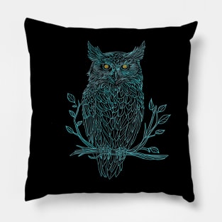 Great Horned Owl drawing in blue Pillow