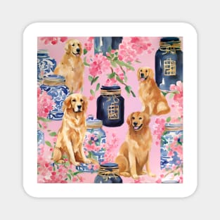 Golden Retrievers, cherry blossom and chinoiserie jars seamless pattern Magnet