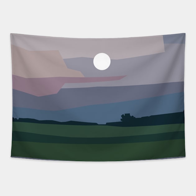 Full moon above green meadow, minimalism in nature. Tapestry by BumbleBambooPrints