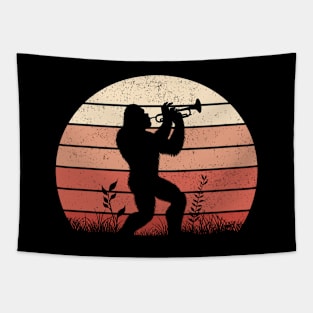 Bigfoot Sasquatch Playing the Trumpet Vintage Sunset Music Lover Tapestry