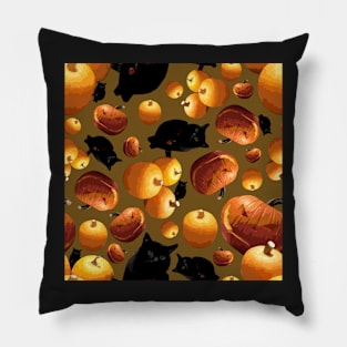Black Cat and Pumpkins Tossed on Deep Gold Repeat 5748 Pillow