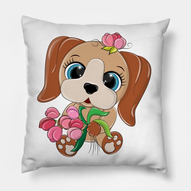 Cute animal with tulips in its paws Pillow by Eduard Litvinov