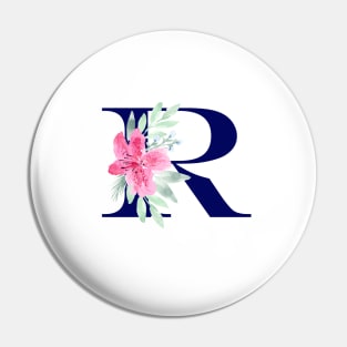 Watercolor Floral Letter R in Navy Pin